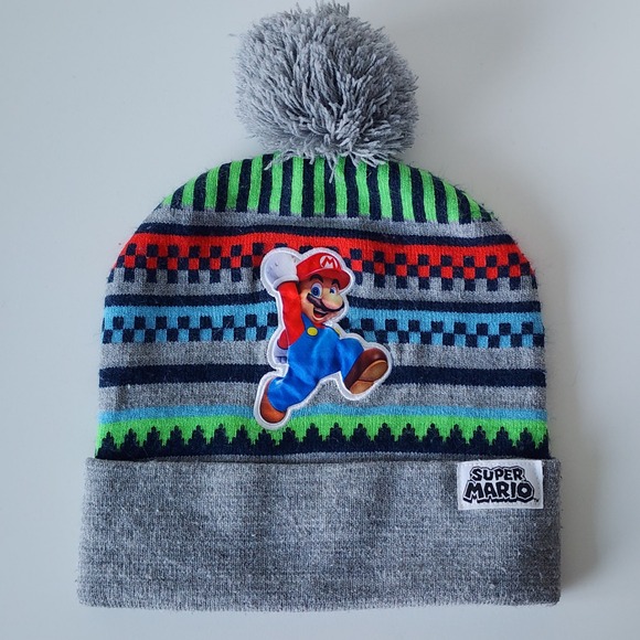 Nintendo Other - Nintendo Super Mario Beanie Hat Mens OS Gray Striped Pom Pom Knit Winter Cap
